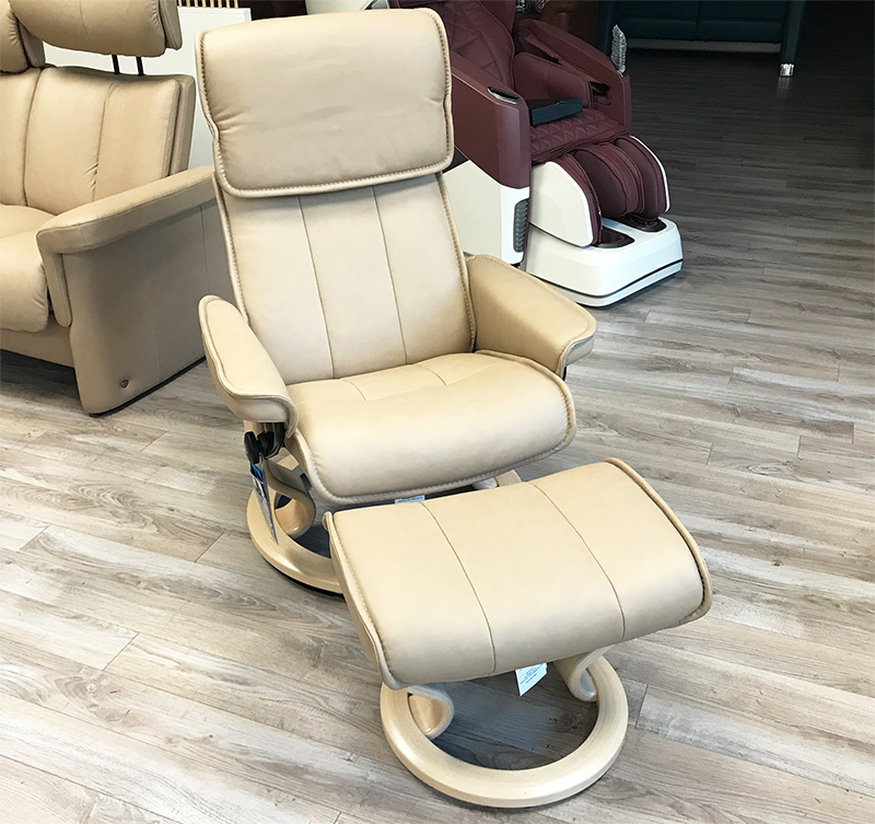 Stressless Admiral Classic Base Paloma Sand Leather Recliner Chair and Ottoman in Natural Wood Stain by Ekornes