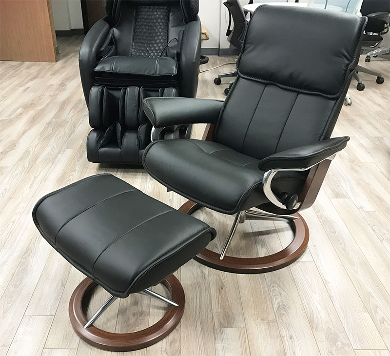 Stressless Admiral Signature Base Paloma Black Leather Recliner Chair and Ottoman by Ekornes