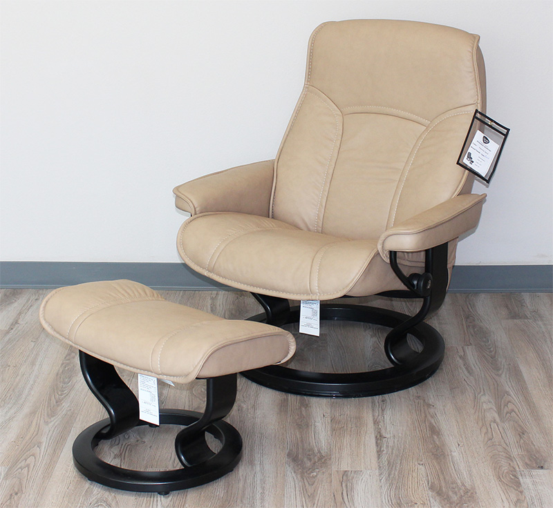 Stressless Senator Paloma Sand Leather Recliner Chair and Ottoman by Ekornes