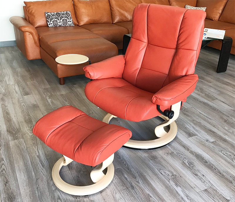 Stressless Kensington Paloma Henna Leather Recliner Chair and Ottoman with Natural Wood by Ekornes