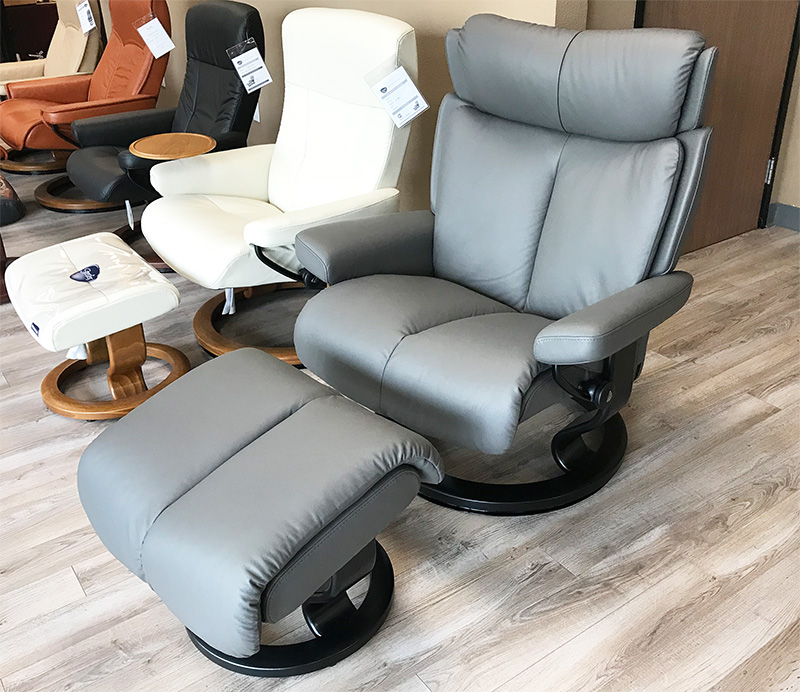 Stressless Magic Paloma Metal Grey Color Leather Recliner Chair and Ottoman