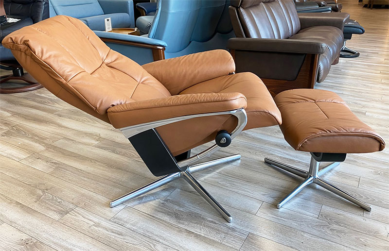 Stressless Mayfair Cross Polished Aluminum Base Paloma Cognac Leather Recliner Chair by Ekornes