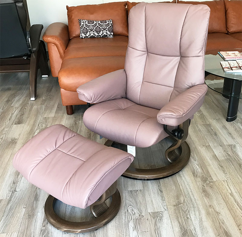 Stressless Mayfair Paloma Dusty Rose Leather Recliner Chair and Ottoman by Ekornes