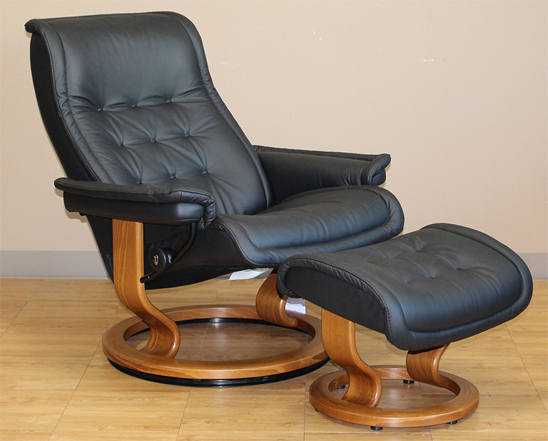 Stressless Royal Recliner Chair and Ottoman in Paloma Black Leather by Ekornes