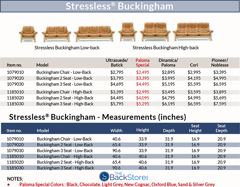Stressless Buckingham Sofa Loveseat pricing and Measurements