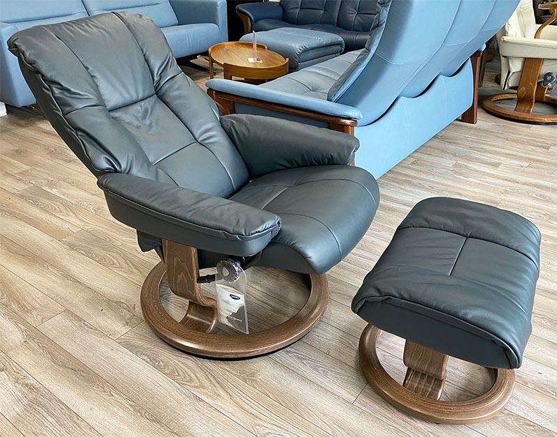 Stressless Mayfair Classic Base Paloma Shadow Blue Leather Recliner Chair and Ottoman with Walnut Wood Base by Ekornes