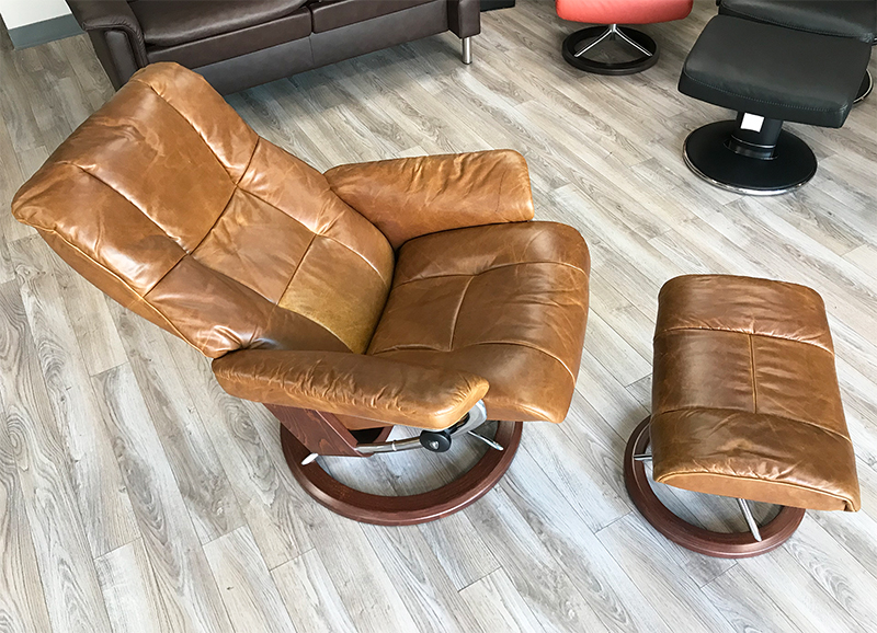 Stressless Mayfair Pioneer Olive Brown Leather Recliner Chair and Ottoman by Ekornes