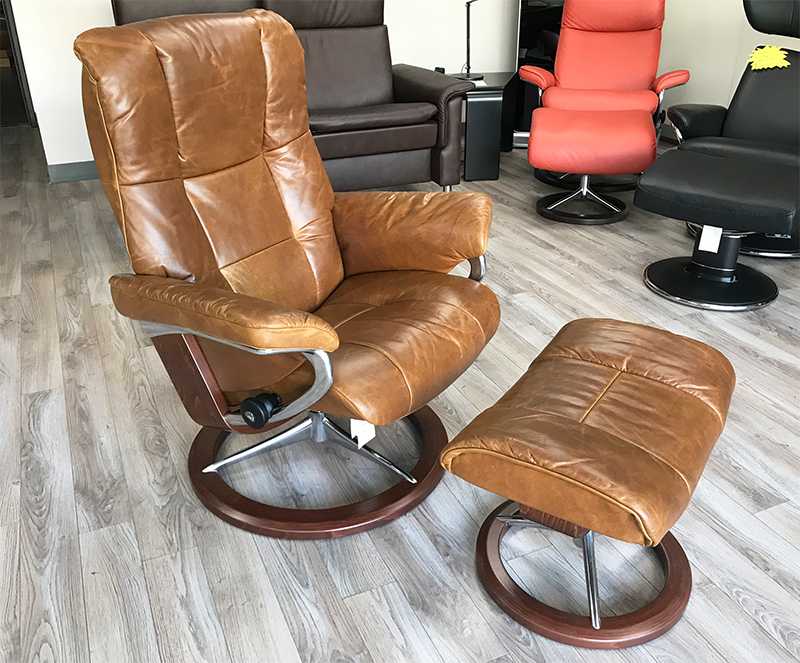 Stressless Mayfair Pioneer Olive Brown Leather Recliner Chair and Ottoman by Ekornes