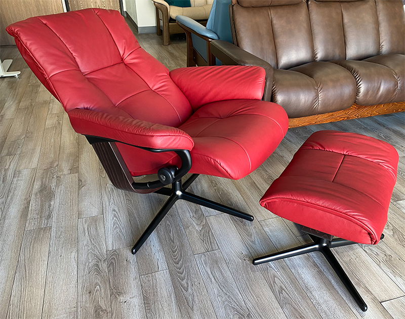 Stressless Mayfair Signature Matte Black Base Paloma Cherry Recliner Chair and Ottoman by Ekornes